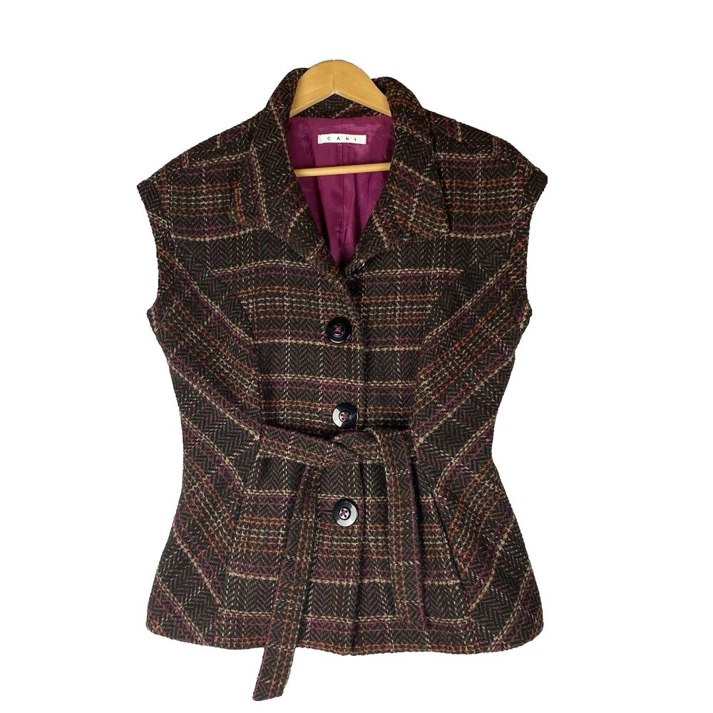 CAbi Cinch It Up Vest Womens M Brown PInk Tweed Plaid Wool Blend Belted Pockets